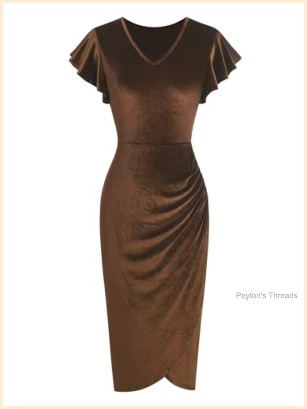 Velvet Cocktail Dress V Neck Ruffle Sleeve Ruched Bodycon Wedding Guest